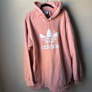Adidas Womens Size 2XL Hoodie Sweatshirt Pink Trefoil Leaf Retro Pockets Cozy